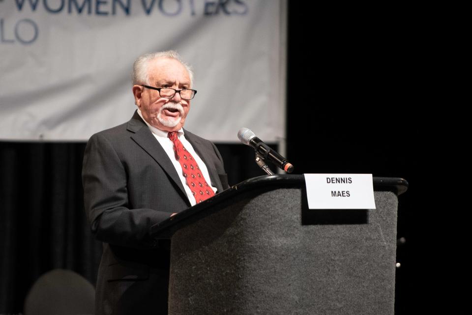 Dennis Maes speaks as a candidate for the District 60 school board during the 2023 Greater Pueblo Chamber of Commerce candidate debates at Memorial Hall on Thursday, October 5, 2023.