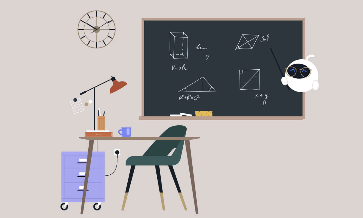 This is a graphic of a robot teaching math on a chalkboard.