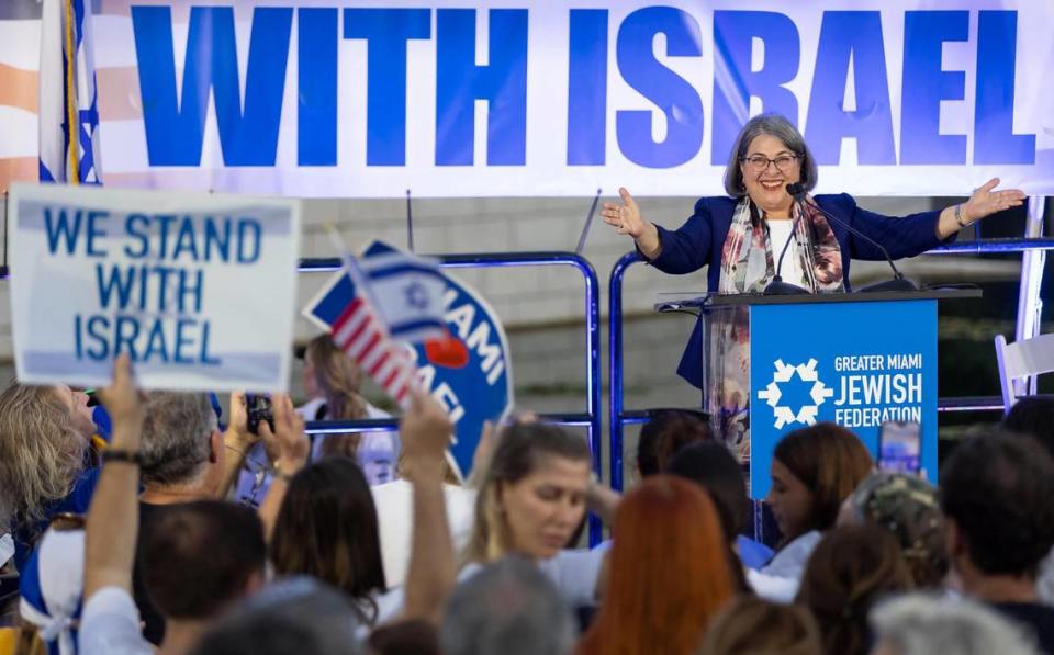 Miami-Dade County Mayor Daniella Levine Cava speaks during a rally at the Holocaust Memorial on Tuesday, Oct. 10, 2023, in Miami Beach, Fla. People gathered to the event, which was hosted by the Greater Miami Jewish Federation, to show solidarity with Israel after Hamas militants launched a deadly assault on the country from Gaza. MATIAS J. OCNER/mocner@miamiherald.com