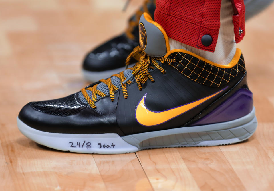 A detail of sneakers worn by New Orleans Pelicans guard Frank Jackson with a tribute inscription in tribute to former Los Angeles Lakers star Kobe Bryant. (Derick E. Hingle-USA TODAY Sports)