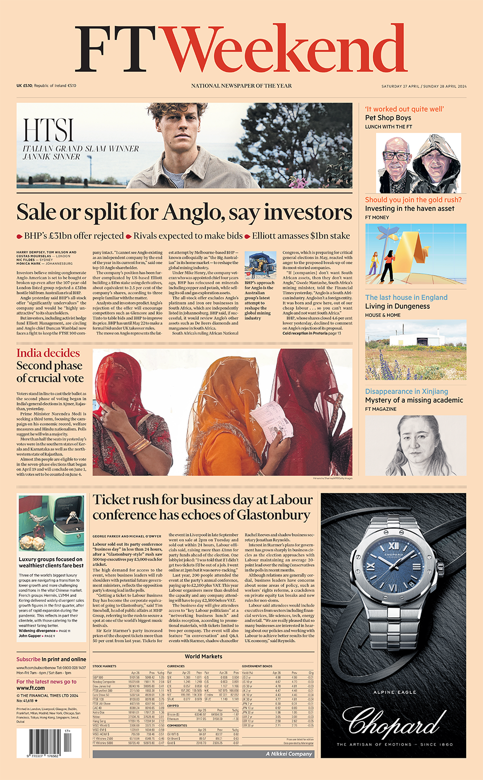 The headline in the Financial Times reads: "Sale or split for Anglo, say investors".