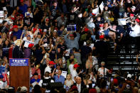 <p>Republican presidential candidate Donald Trump watches as police remove a protester from a rally with his supporters in Albuquerque, N.M., Tuesday, May 24, 2016. (Reuters/Jonathan Ernst) </p>