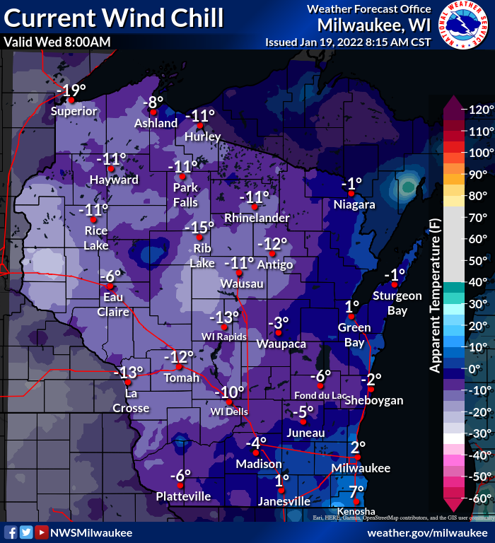 Wind chills across much of Wisconsin were below zero for much of Wisconsin as of 8 a.m. on Wednesday.