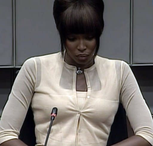 A picture grab shows supermodel Naomi Campbell answering questions at the UN-backed Special Court for Sierra Leone in Leidschendam on August 5, 2010. Liberian ex-leader Charles Taylor has been convicted of arming rebels who killed and mutilated thousands in Sierra Leone, in a historic verdict for international justice