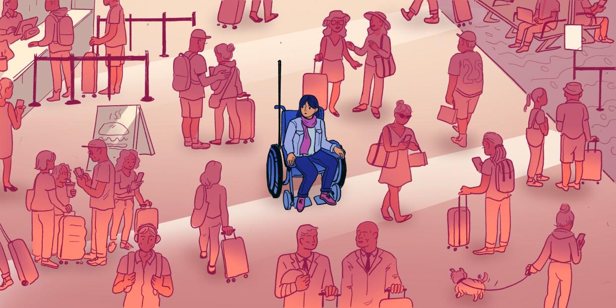 Illustration of a wheelchair used alone in a busy airport terminal.