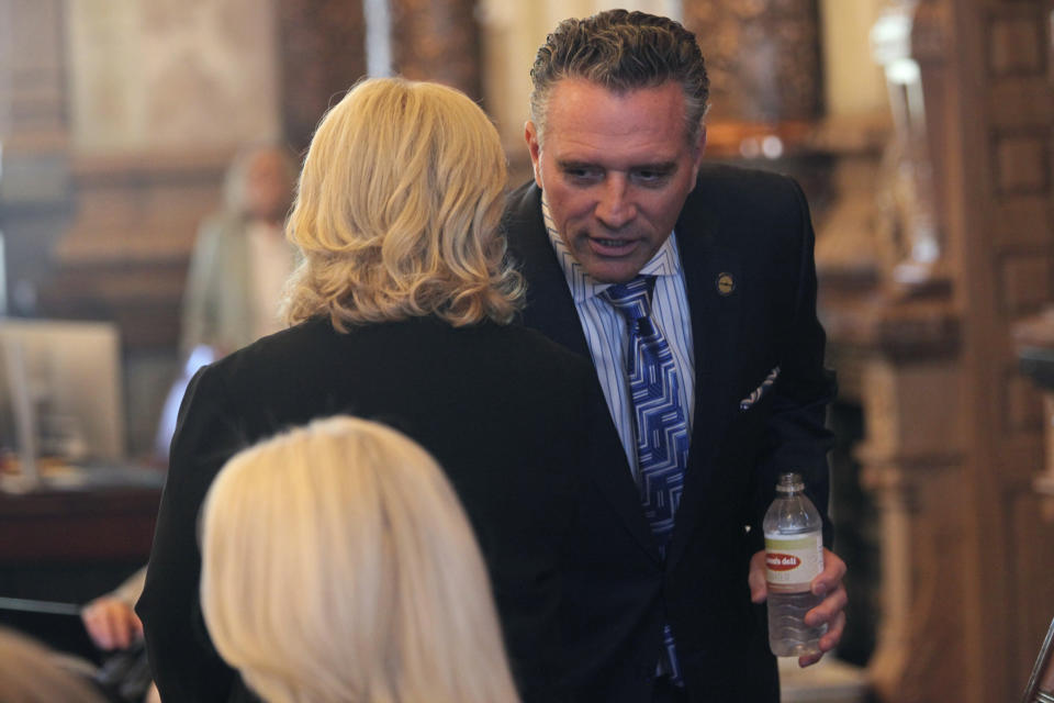 Kansas Senate President Ty Masterson, right, R-Andover, confers with Assessment and Taxation Committee Chair Caryn Tyson, left, R-Parker, during the Senate's session, Monday, April 29, 2024, at the Statehouse in Topeka, Kan. Republicans have narrowly failed to override Democratic Gov. Laura Kelly's veto of a package of tax cuts worth $1.5 billion over three years. (AP Photo/John Hanna)