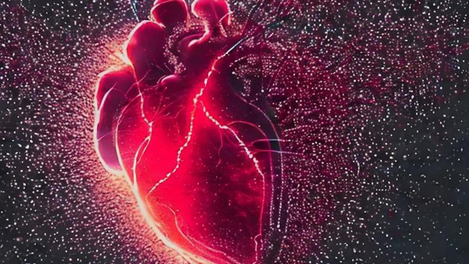 Levitating particles controlled by a magnetic and acoustic field clump together to form human heart model.