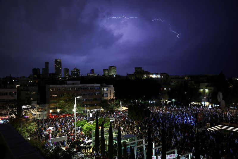 protest against Prime Minister Benjamin Netanyahu's new right-wing coalition and its proposed judicial reforms to reduce powers of the Supreme Court in Tel Aviv
