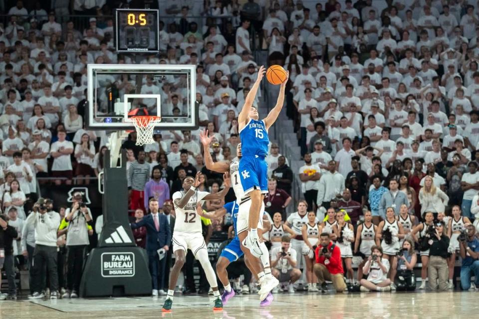 Kentucky guard Reed Sheppard (15) steals the ball with 0.5 seconds remaining during Tuesday’s game against Mississippi State at Humphrey Coliseum in Starkville, Miss.