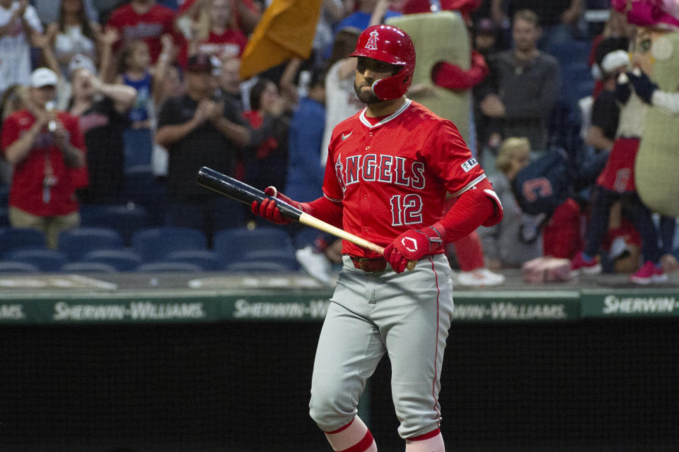 Los Angeles Angels' Kevin Pillar walks back to the dugout after striking out to Cleveland Guardians relief pitcher Scott Barlow to end a baseball game in Cleveland Saturday, May 4, 2024. (AP Photo/Phil Long)