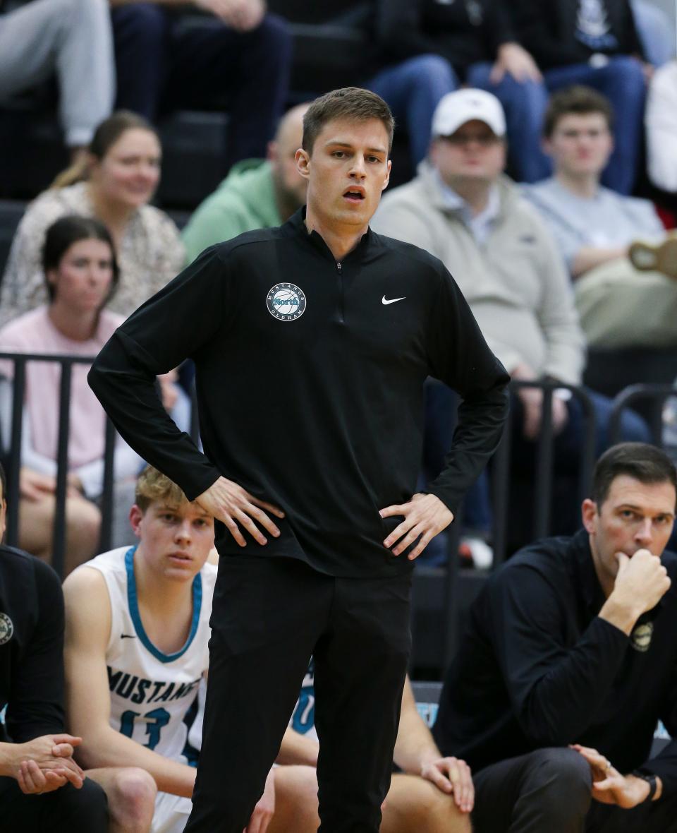 North Oldham head coach David Levitch, II watches action against Collins during their game at North Oldham High School in Goshen, Ky. on Feb. 14, 2023.  
