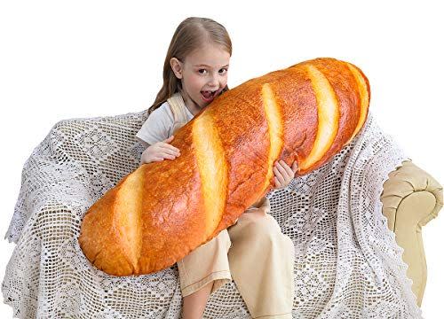 23) Wepop 40 in 3D Simulation Bread Shape Pillow Soft Lumbar Baguette Back Cushion Funny Food Plush Stuffed Toy