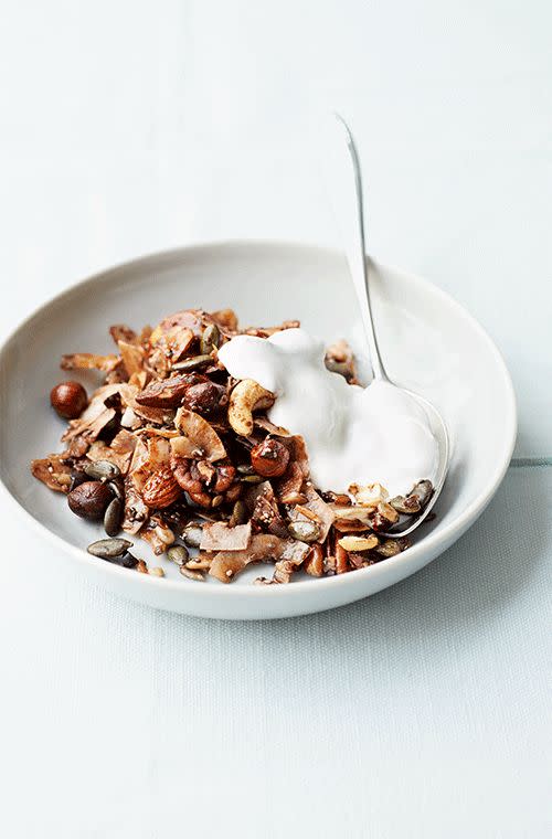 Feel like a sweet start to your day? Make this <a rel="nofollow" href="https://au.lifestyle.yahoo.com/food/recipes/recipe/-/30933445/granola-recipe-james-duigan-clean-and-lean/" data-ylk="slk:cacao, carob and coconut granola;elm:context_link;itc:0;sec:content-canvas" class="link ">cacao, carob and coconut granola</a>. Who needs chocolate when you have it's purest form, cacao? Serve with coconut yoghurt or almond milk for a the ultimate healthy breakfast.