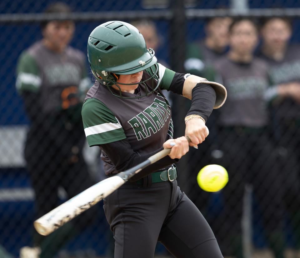 Bella Plath at the plate in early innings. Ratian’s Raritan Softball defeats Holmdel 5-2 on April 19, 2024 in Holmdel, NJ.