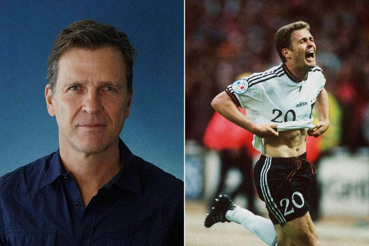 Oliver Bierhoff weiß nicht mehr genau, warum er sich im Rausch der Freude sein Trikot ausgezogen hat. - Copyright: picture alliance / SvenSimon | SVEN SIMON / COllage: Dominik Schmitt