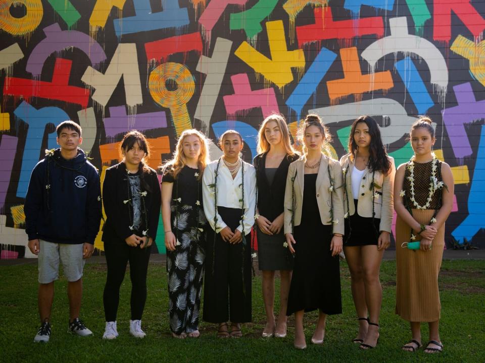 Youth plaintiffs gather before the start of the Navahine F. v. the Hawaiʻi Department of Transportation hearing at the First Circuit Environmental Court in Honolulu, Hawaiʻi, on January 26, 2023. Pictured left to right: Kaʻōnohi P.-G., 16, KawahineʻIlikea N., 13, Taliya N., 15, Navahine F., 15, Mesina D.-R., 15, Kalā W., 19, Rylee K., 15, and Kawena F., 10.