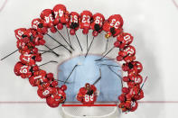 The Chinese team gathers around goalkeeper Tiya Chen (88) before a preliminary round women's hockey game against Czech Republic at the 2022 Winter Olympics, Thursday, Feb. 3, 2022, in Beijing. (AP Photo/Petr Josek)