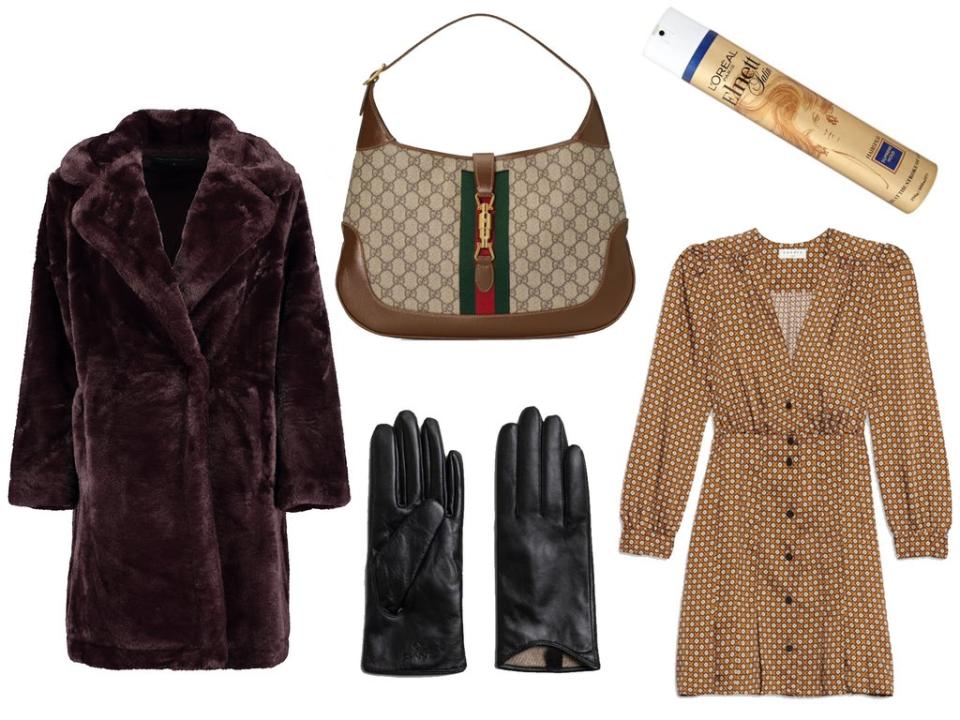 Robert Goddard faux fur coat: £80,  Gucci Jackie bag: £1,750, Gant leather gloves: £65, Sandro dress: £223, Elnett hairspray: £5.25. (The Independent)