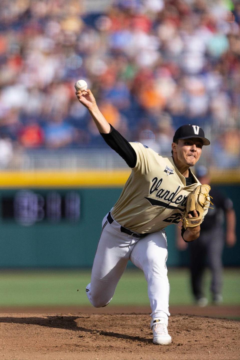 Vanderbilt starting pitcher Jack Leiter throws against North Carolina State in the first inning during a baseball game in the College World Series, Monday, June 21, 2021, at TD Ameritrade Park in Omaha, Neb. (AP Photo/Rebecca S. Gratz)