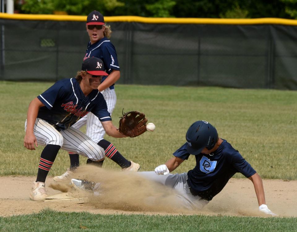 Athletics 15U's Tannar Patterson gets the connection at second base too late for the out against a Demand Command Mattimore baserunner. The Athletics lost 5-0 during Buckeye Elite play on Thursday, July 7, 2022 in Upper Arlington.