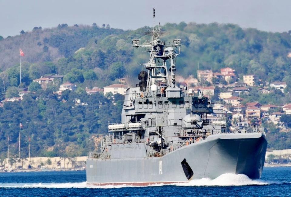 The Russian Navy's large landing ship Novocherkassk transits Istanbul's Bosphorus.