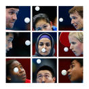 A combination picture shows table tennis players watching the ball during the London 2012 Olympic Games. Players are, top row (L to R), Denmark's Michael Maze, Brazil's Caroline Kumahara, Austria's Werner Schlager. Middle row (L to R) China's Zhang Jike, Iran's Neda Shahsavari, Germany's Kristin Silbereisen. Bottom row (L to R) Colombia's Paula Medina, South Korea's Oh Sangeun, India's Soumyajit Ghosh. Pictures taken on various dates since the start of the Games. REUTERS/Staff (BRITAIN - Tags: OLYMPICS TPX IMAGES OF THE DAY)