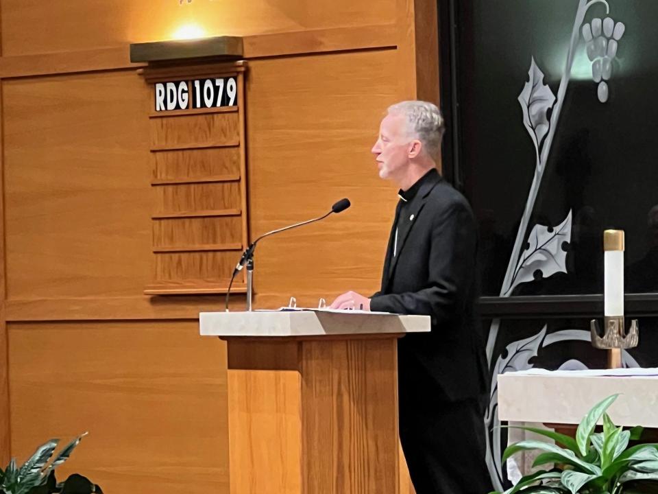 Bishop William A. Wack of the Pensacola-Tallahassee Diocese speaks at a Cities for Life Service at Good Shepherd Catholic Church, Nov. 30, 2023