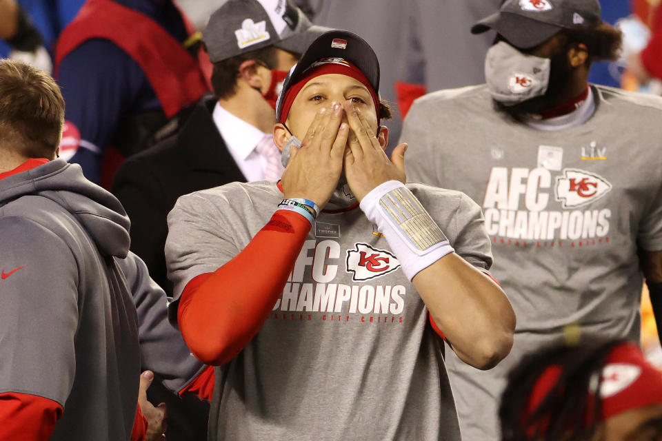 KANSAS CITY, MISSOURI - JANUARY 24: Patrick Mahomes #15 of the Kansas City Chiefs reacts after defeating the Buffalo Bills 38-24 in the AFC Championship game at Arrowhead Stadium on January 24, 2021 in Kansas City, Missouri. (Photo by Jamie Squire/Getty Images)