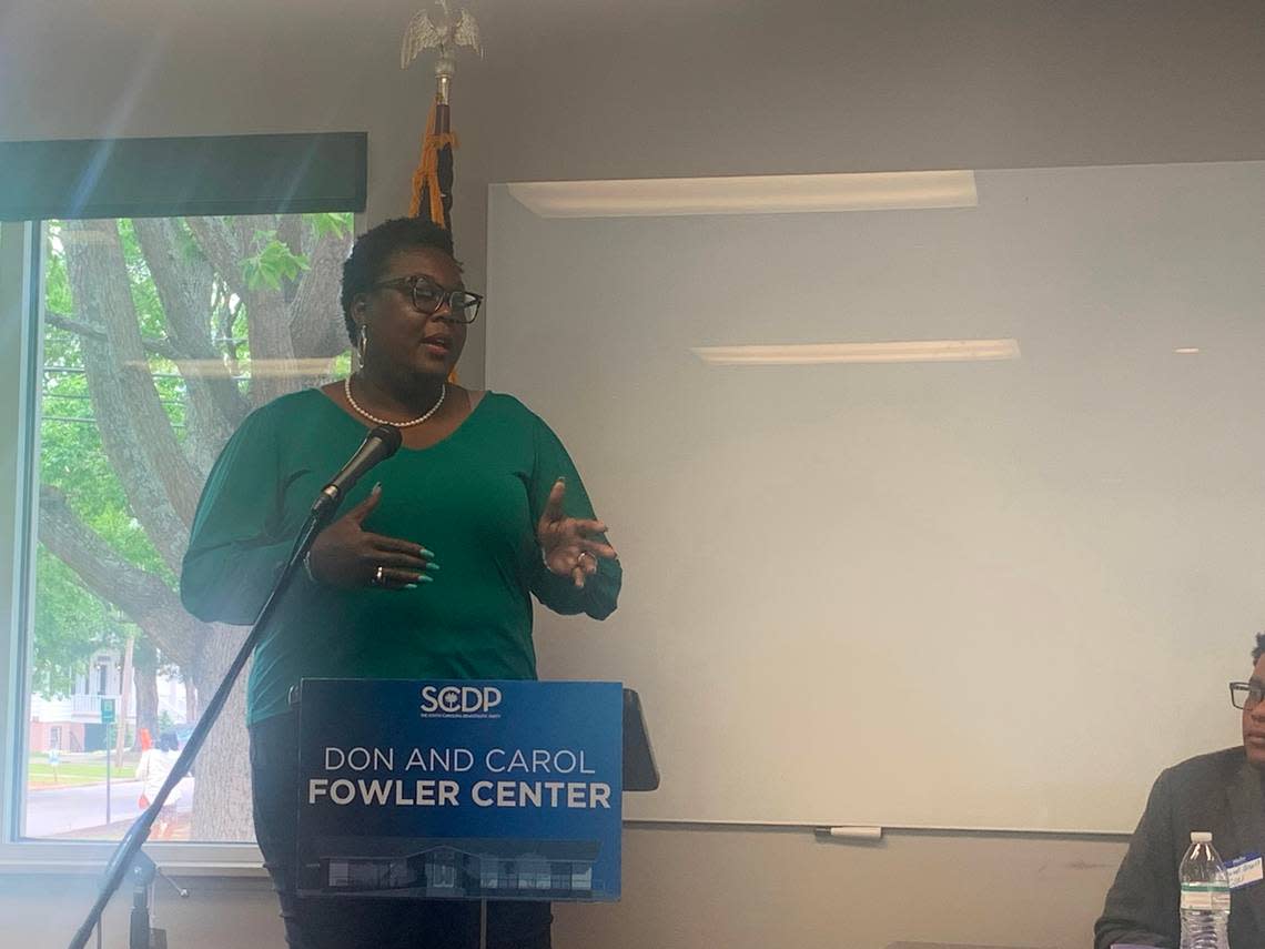 Christale Spain, a candidate for S.C. Democratic Party chair speaks to the South Carolina College Democrats on Sunday, April 16, 2023.