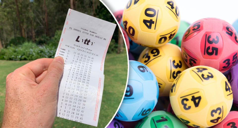 A man holding a Saturday lotto ticket (left) with lotto balls on the right. 