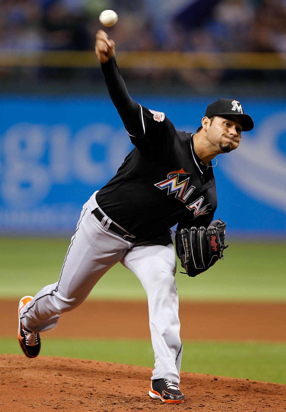 ST PETERSBURG, FL - JUNE 16: : Pitcher Anibal Sanchez #19 of the Miami Marlins pitches against the Tampa Bay Rays during the game at Tropicana Field on June 16, 2012 in St. Petersburg, Florida. (Photo by J. Meric/Getty Images)
