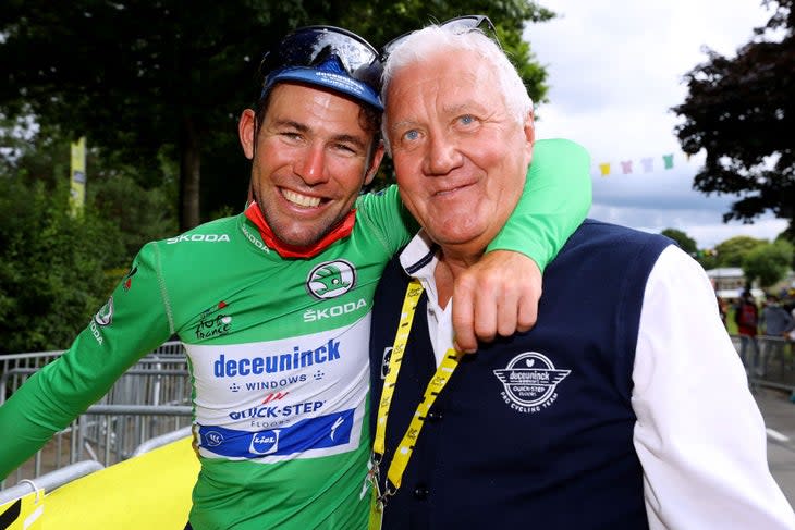 FOUGERES, FRANCE - JUNE 29: Mark Cavendish of The United Kingdom and Team Deceuninck - Quick-Step stage winner & Green Points Jersey & Patrick Lefevere of Belgium CEO Team manager of Deceuninck - Quick-Step celebrate at arrival during the 108th Tour de France 2021, Stage 4 a 150,4km stage from Redon to Fougeres / @LeTour / #TDF2021 / on June 29, 2021 in Fougeres, France. (Photo by Tim de Waele/Getty Images)