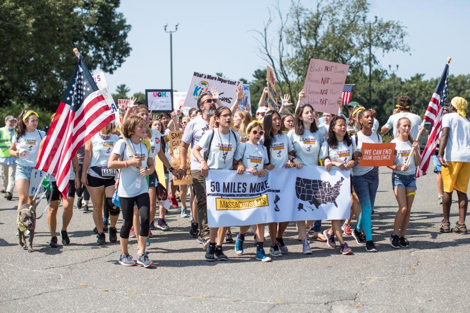 Student activists march the final mile of the 50 Miles More walk against gun violence on their way to a rally at the Smith &amp; Wesson Firearms factory on Aug. 26 in Springfield, Massachusetts. (Photo: Scott Eisen via Getty Images)