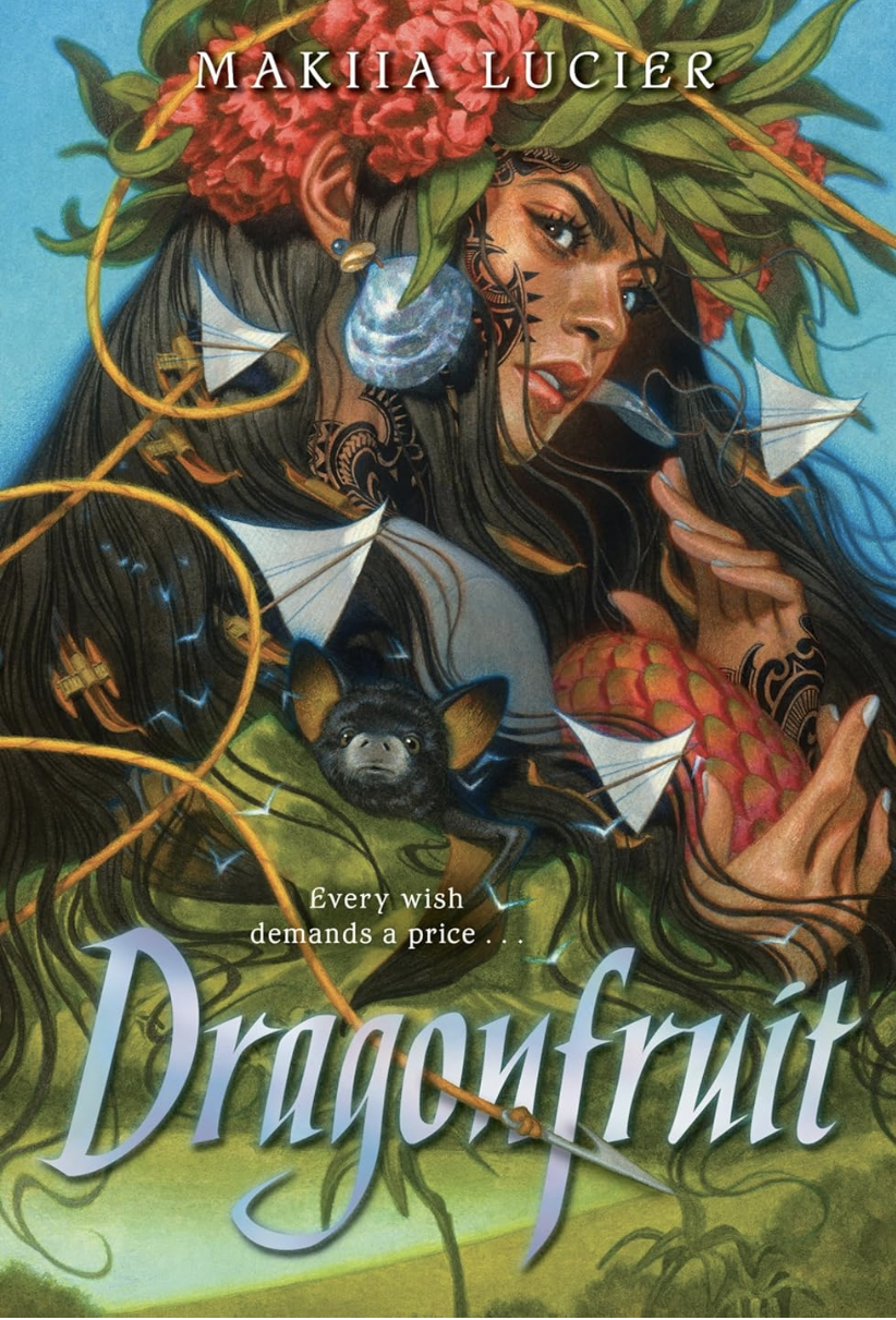 Book cover of "Dragonfruit" by Makiia Lucier showing a drawing of a woman holding a sword, with a dragon, birds, and botanical elements in the background