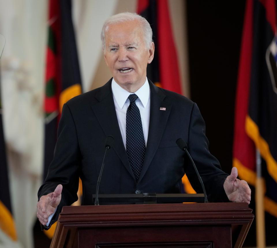 President Joe Biden delivers remarks at the U.S. Holocaust Memorial Museum’s Days of Remembrance ceremony in Washington on Tuesday.