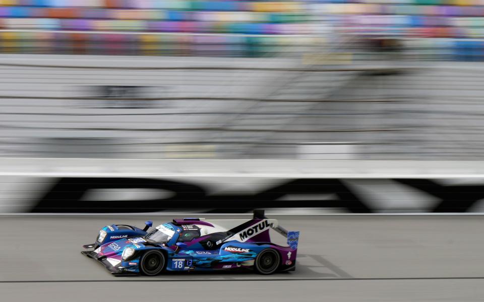 The No. 18 Oreca LMP2 speeds through the tri-oval during Le Mans Prototype 2 Roar Before the 24 qualifying for the Rolex 24 At Daytona this past weekend at Daytona International Speedway, The 62nd running of the Rolex 24 starts Saturday afternoon at the track.