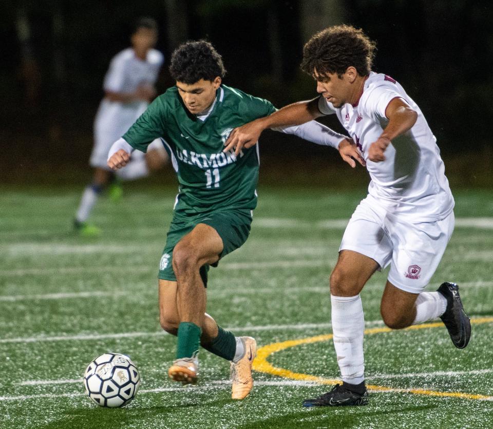 ASHBURNHAM - Oakmont’s Gael Vera beats Westborough’s Miguel DaSilva to the ball Monday, October 16, 2023.