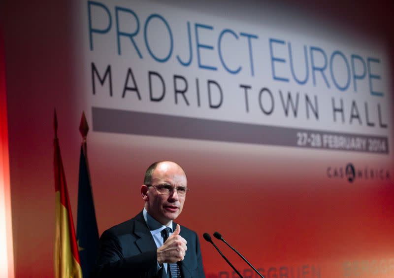 FILE PHOTO: Former Italy's Prime Minister Enrico Letta gestures as he delivers a keynote speech during the "Project Europe" event in Madrid