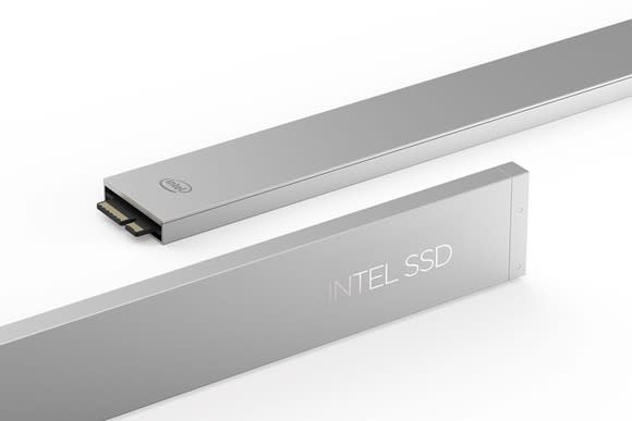 Silver Intel data center solid state drives.