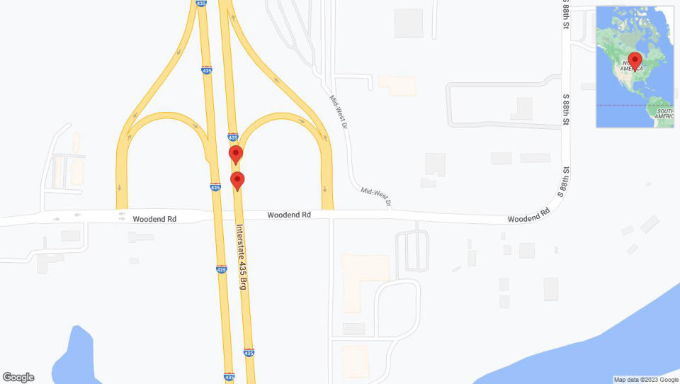 A detailed map that shows the affected road due to 'Broken down vehicle on northbound I-435 in Kansas City' on December 28th at 6:45 p.m.