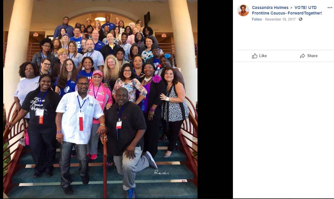 Former Brownsville Middle School physical education teacher Wendell Nibbs, front and center in black, poses with United Teachers of Dade leadership in a photo posted on Facebook, November 16, 2017. He was arrested on charges of sexually assaulting two students two weeks later.