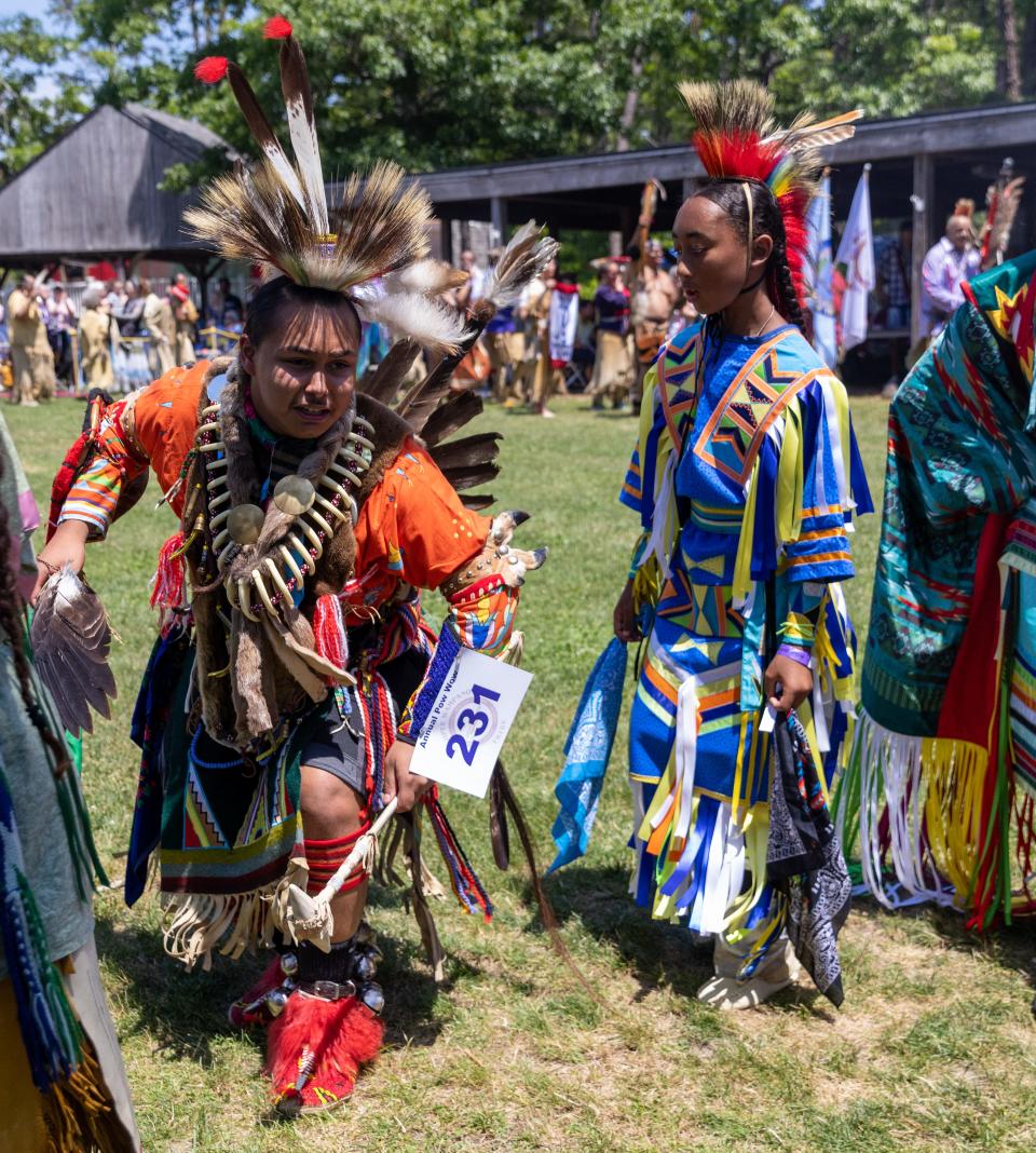 Jesse Gould dances in the opening ceremony at the Wampanoag Powwow Grounds in Mashpee. 
Sophie Proe/Cape Cod Times