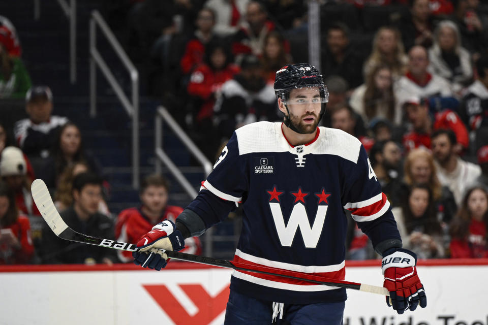 Washington Capitals right wing Tom Wilson (43) looks on during the first period of an NHL hockey game against the Columbus Blue Jackets, Sunday, Jan. 8, 2023, in Washington. (AP Photo/Terrance Williams)