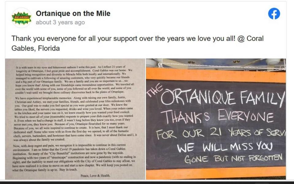 Coral Gables restaurant Ortanique on the Mile announced it was closing after 21 years during the pandemic in July 2020/Facebook screenshot