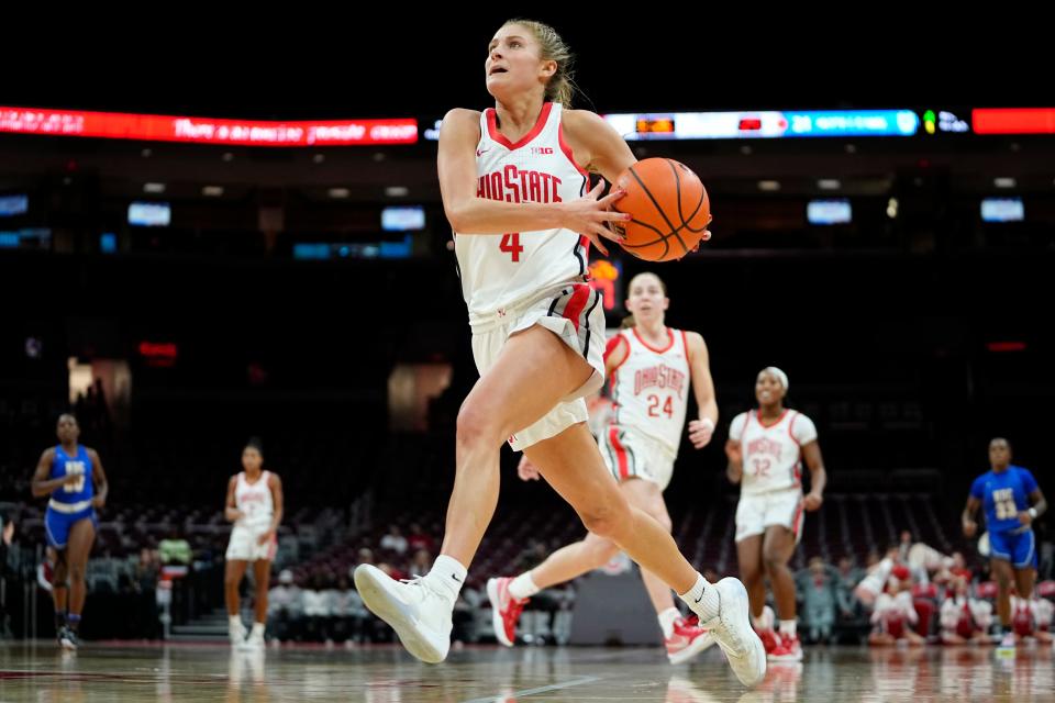 Ohio State Buckeyes guard Jacy Sheldon (4) led the team with 16 points in an 86-56 win over Ohio University on Thursday.