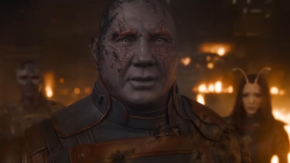 A battered Drax with head wounds in Guardians of the Galaxy Vol. 3
