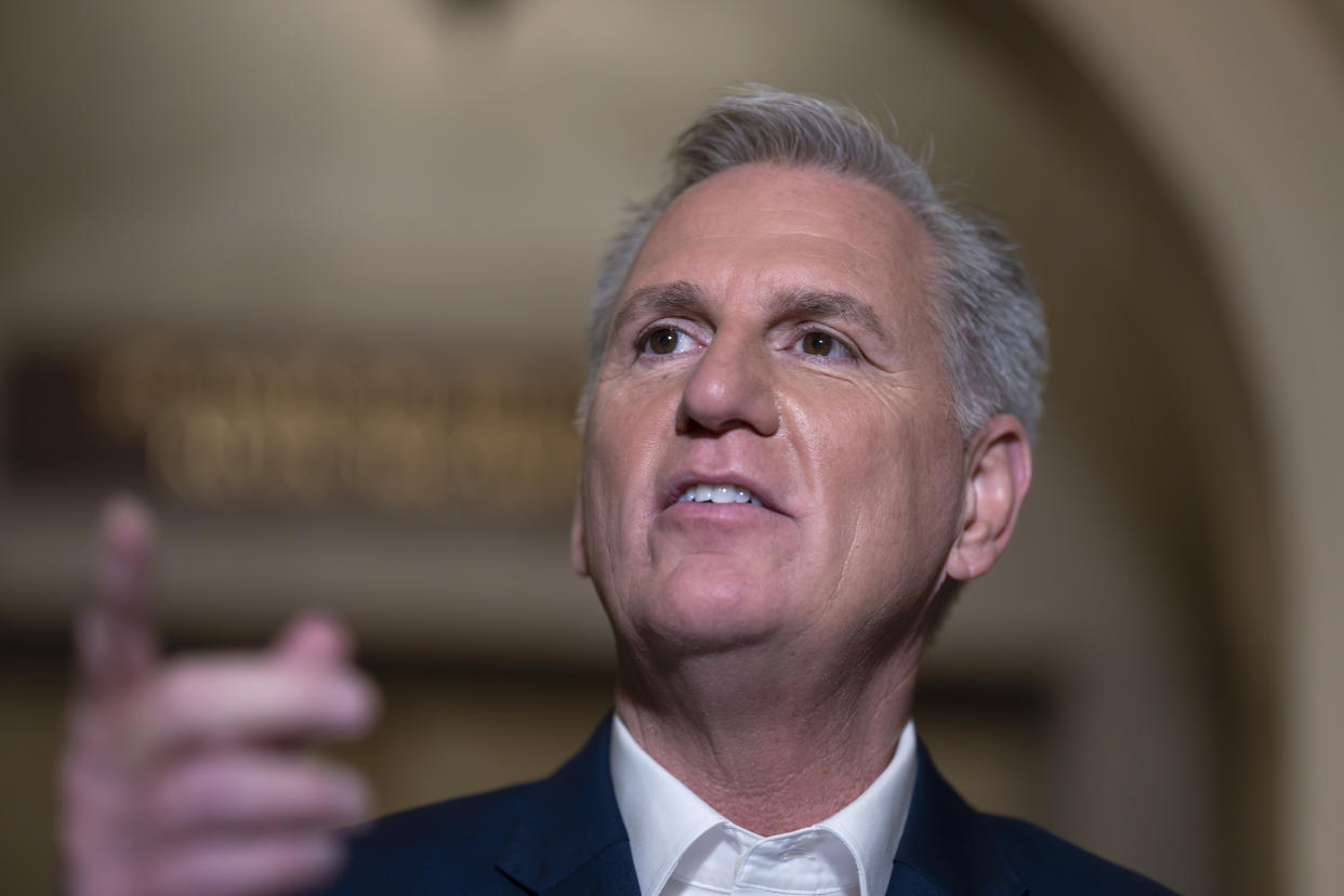 Speaker of the House Kevin McCarthy, R-Calif., talks to reporters at the Capitol in Washington, Sunday, May 28, 2023. Mediators on the debt limit came to an "agreement in principle" last night that would avert a potentially disastrous U.S. default, but still has to pass both houses of Congress. (AP Photo/J. Scott Applewhite)