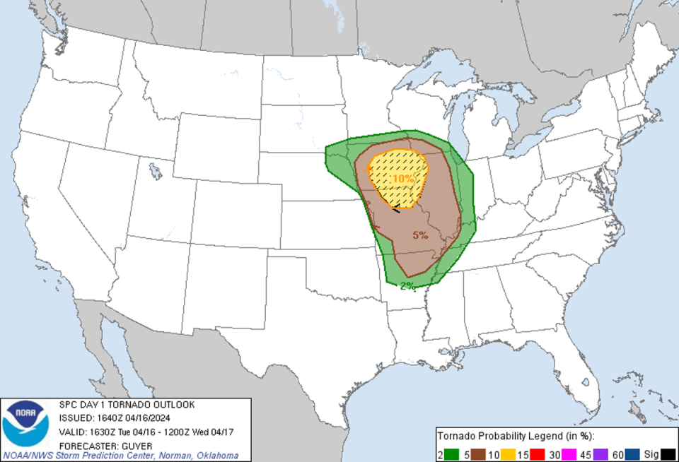 The Tornado Outlook for Tuesday, 16 April (National Weather Service)