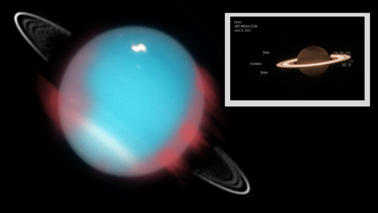  A view of Uranus in blue with auroras marked in reddish tones; Saturn is seen in an inset, its rings glowing brightly due to image filters. 