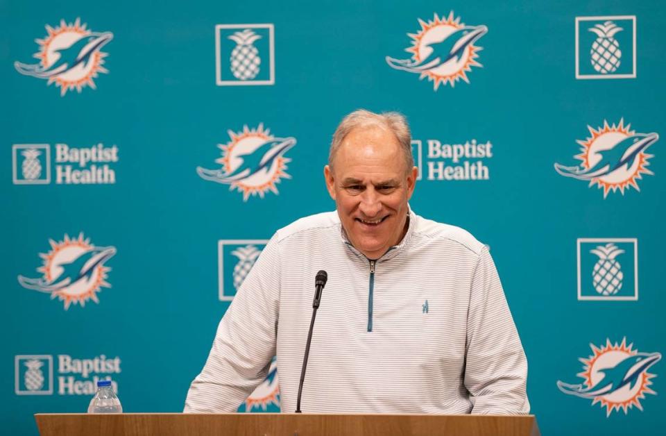 Vic Fangio, the new defensive coordinator for the Miami Dolphins, speaks to reporters during a press conference at the Baptist Health Training Complex on Monday, Feb. 20, 2023, in Miami Gardens, Fla.